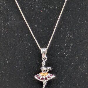 Sterling Silver Ballerina Pendant Necklace Enamel and Pink Crystals 16"